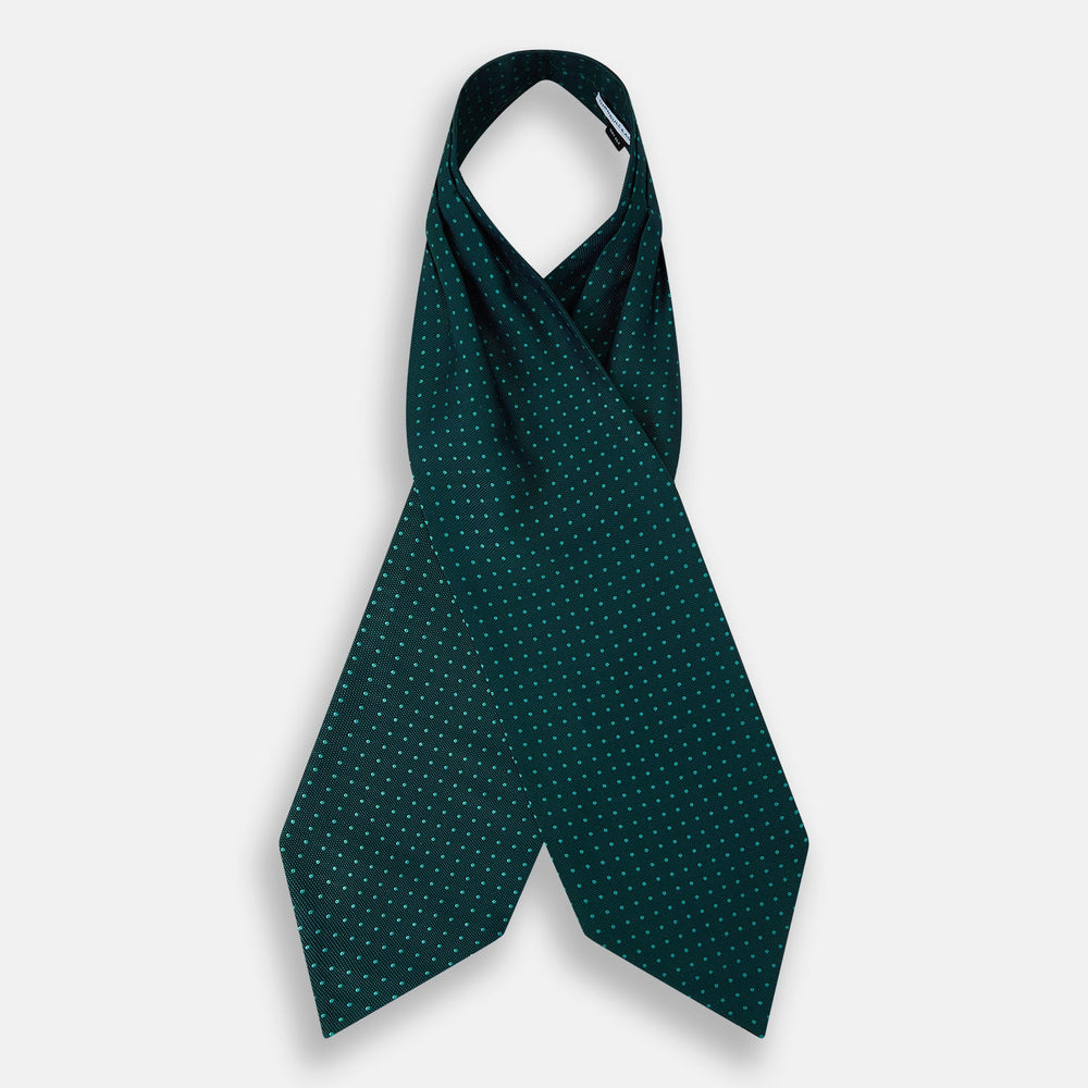 The Turnbull & Asser Turquoise and Forest Green Micro Dot Silk Cravat features a refined micro dot pattern, adding sophisticated style to formal looks. Displayed on a white background.