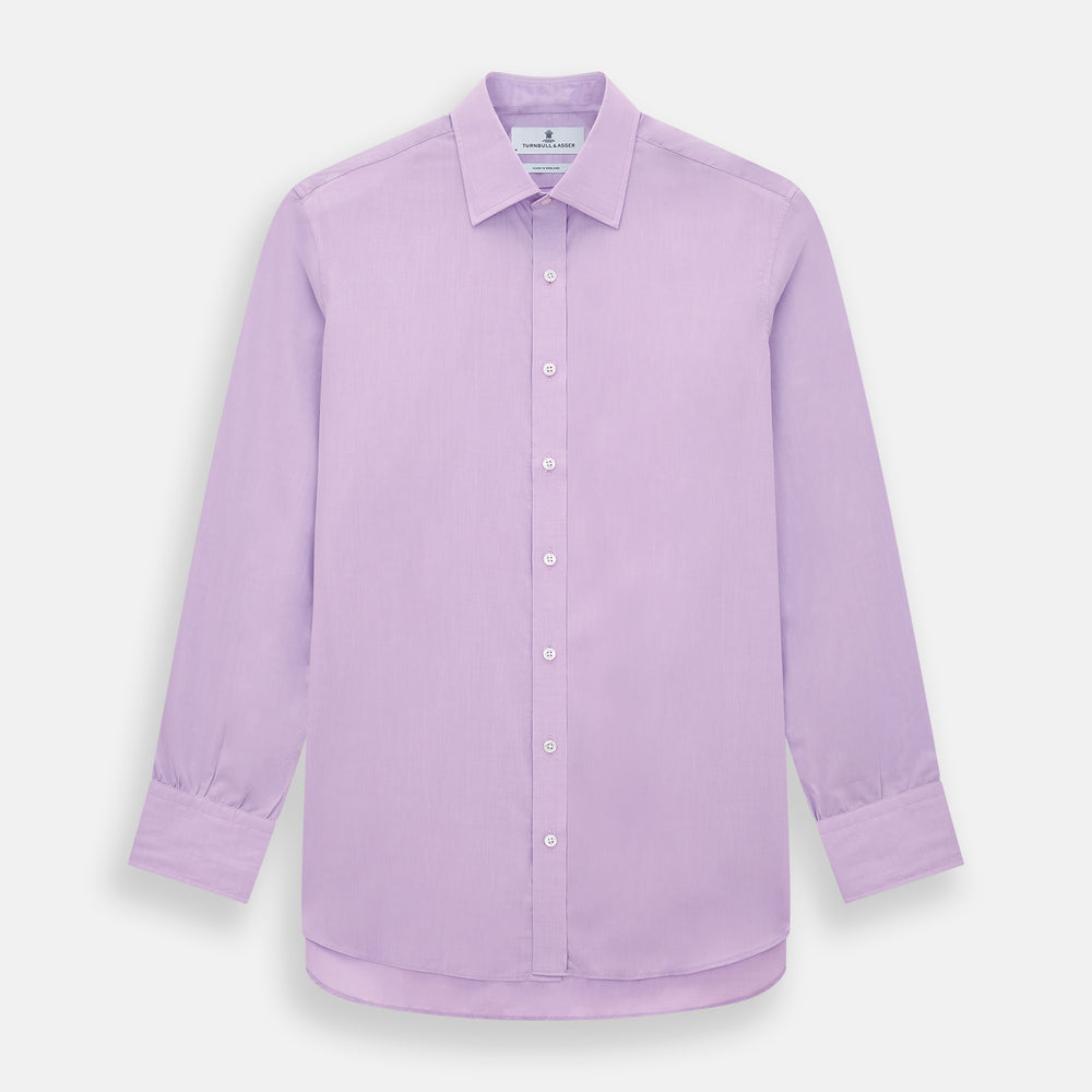 The Turnbull & Asser Purple Pink Mayfair Shirt is a men's formal, long-sleeve button-up with a classic collar and buttoned cuffs, shown in light purple against a plain white background.