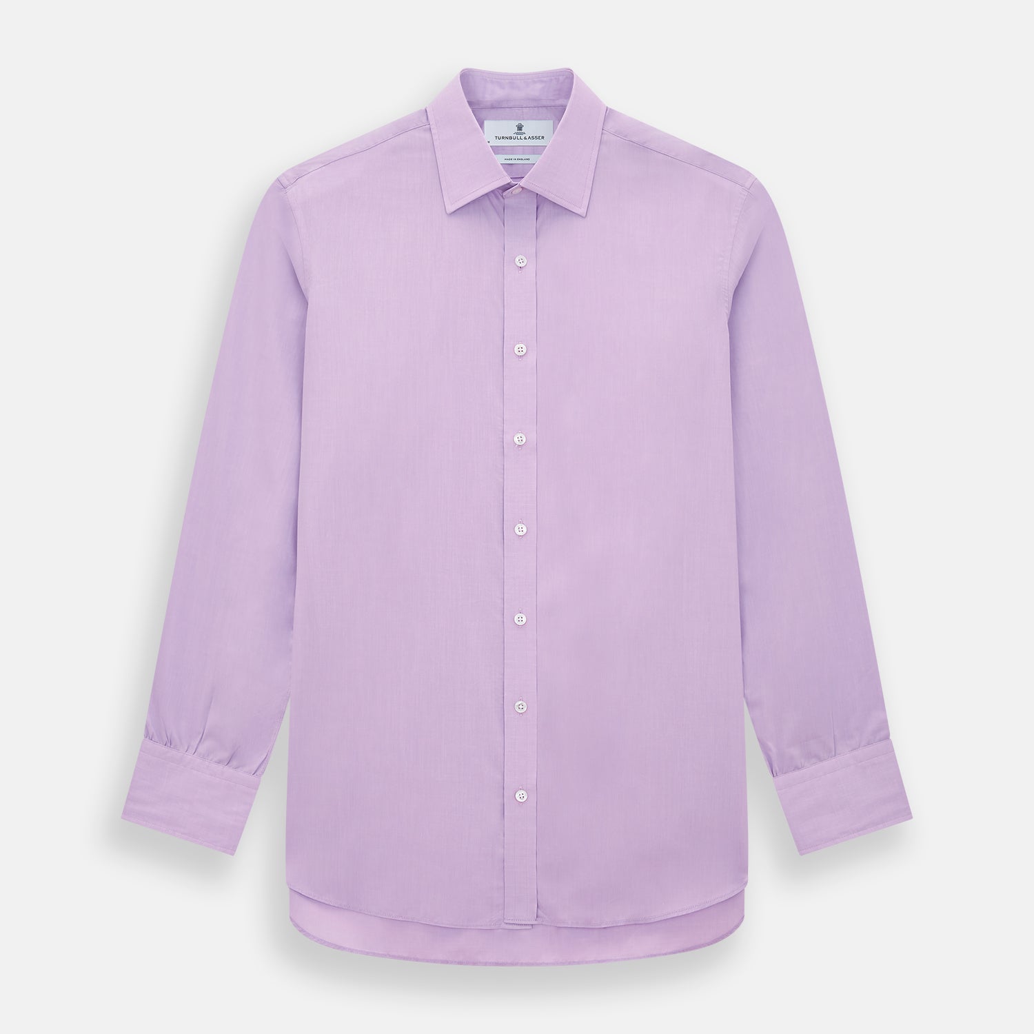 View 1 of product The Turnbull & Asser Purple Pink Mayfair Shirt is a men's formal, long-sleeve button-up with a classic collar and buttoned cuffs, shown in light purple against a plain white background.
