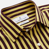 View 4 of product The Turnbull & Asser Yellow and Burgundy Candy Stripe Silk Weekend Fit Harold Shirt features long sleeves, a classic collar, white buttons, and a tailored design.