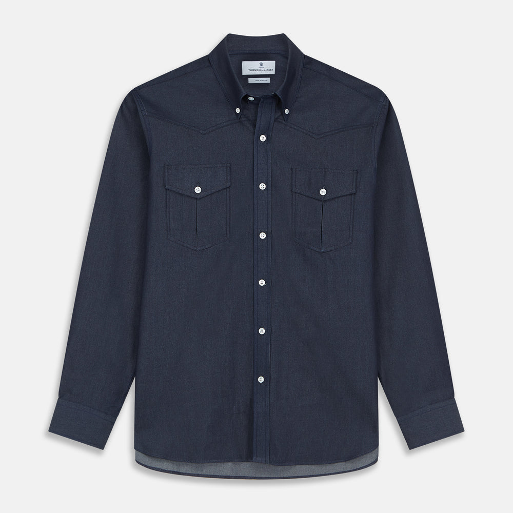 The Turnbull & Asser Navy Weekend Fit Larkin Shirt features a Dorset collar, long sleeves with 3-button cuffs, two chest pockets, and white snaps, shown laid flat against a white background.