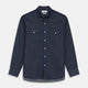 The Turnbull & Asser Navy Weekend Fit Larkin Shirt features a Dorset collar, long sleeves with 3-button cuffs, two chest pockets, and white snaps, shown laid flat against a white background.