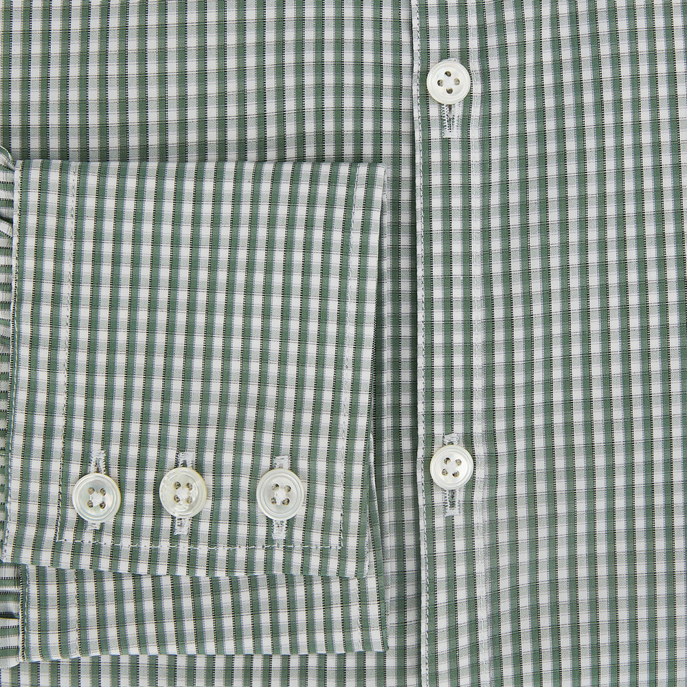 The MELON GREEN MICRO SHADOW CHECK WESTMINSTER SHIRT by Turnbull & Asser is a long-sleeved, button-up shirt with a green and white checkered pattern, pointed collar, and buttoned cuffs, shown on a white background.
