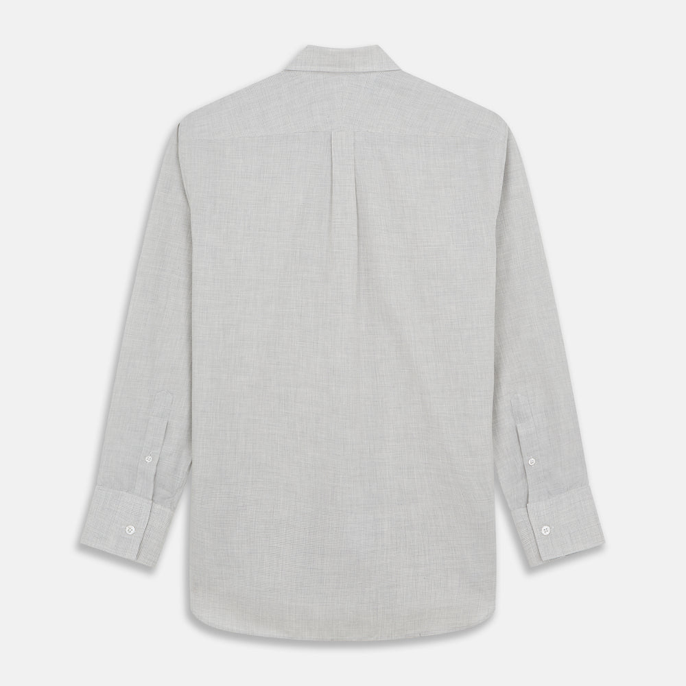 A Grey Fine Check Cotton Blend Weekend Fit Suffolk Shirt by Turnbull & Asser with long sleeves, a collar, and single chest pocket is laid flat on a white background.