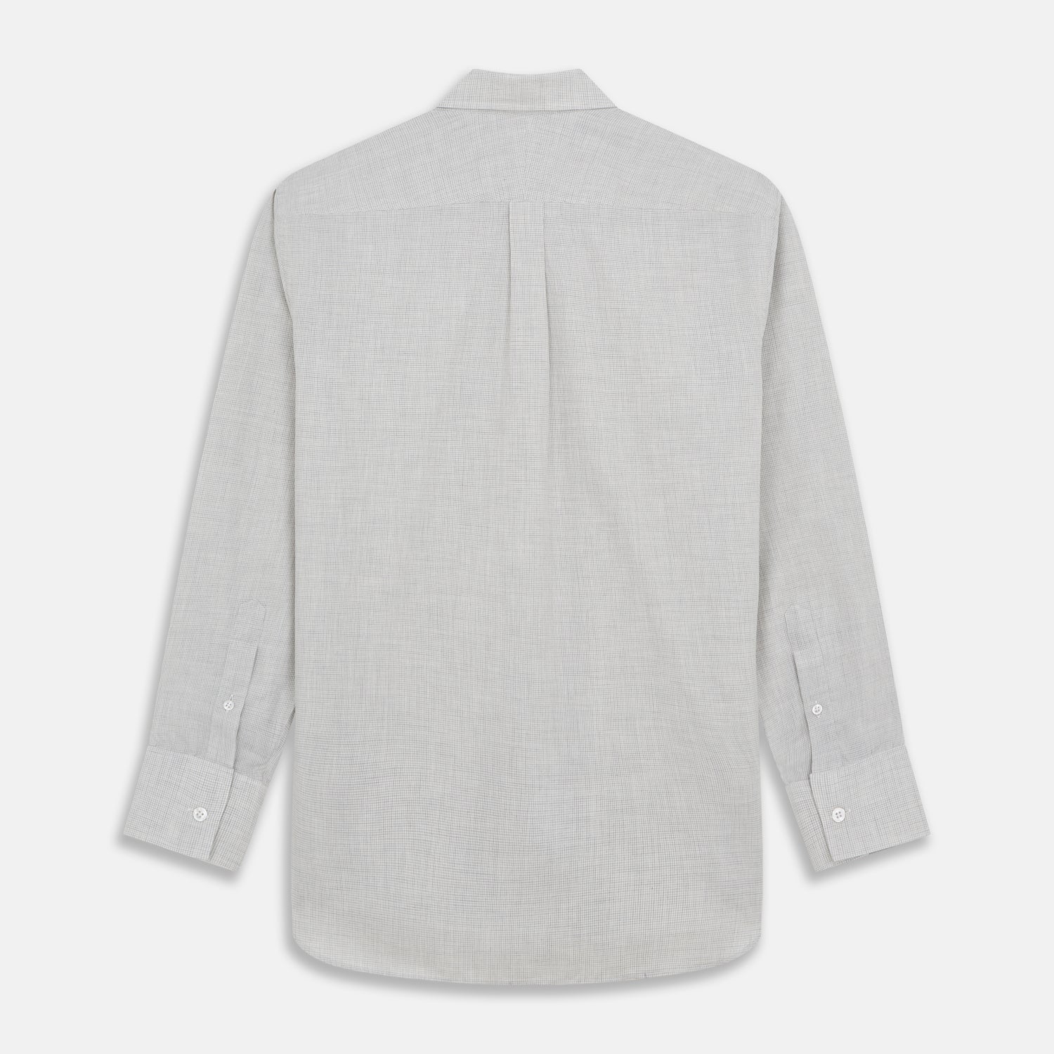 View 5 of product A Grey Fine Check Cotton Blend Weekend Fit Suffolk Shirt by Turnbull & Asser with long sleeves, a collar, and single chest pocket is laid flat on a white background.