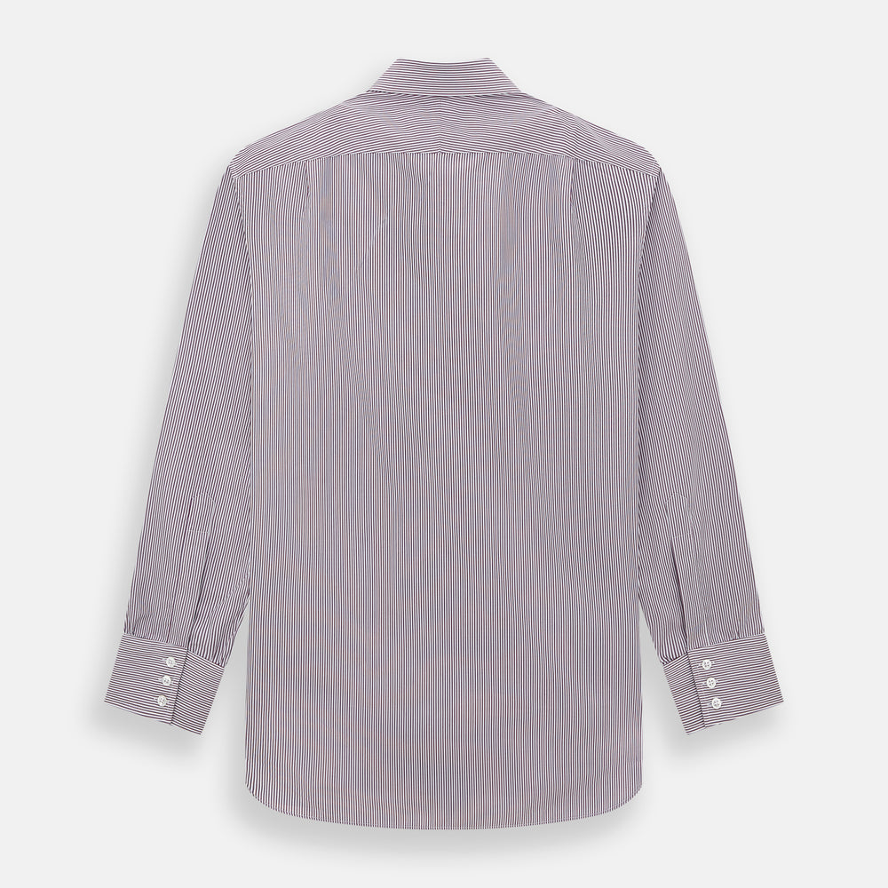 The Turnbull & Asser Burgundy Shadow Stripe Mayfair Shirt is a long-sleeved button-up with thin vertical burgundy stripes, classic collar, and buttoned cuffs, shown laid flat on a white background.