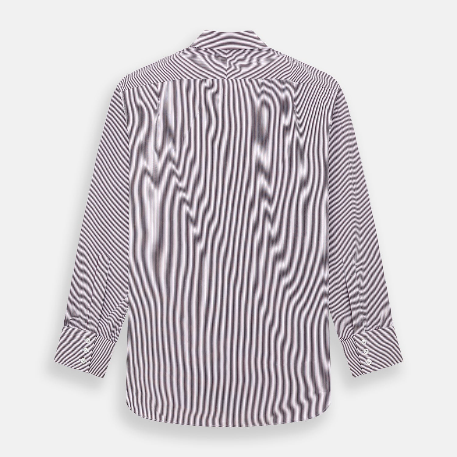 View 3 of product The Turnbull & Asser Burgundy Shadow Stripe Mayfair Shirt is a long-sleeved button-up with thin vertical burgundy stripes, classic collar, and buttoned cuffs, shown laid flat on a white background.