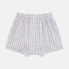View 2 of product Turnbull & Asser’s Purple and Orange Multi Graph Check Godfrey Boxer Shorts for men feature an elastic waistband and are crafted from fine Italian cotton, shown on a plain white background.