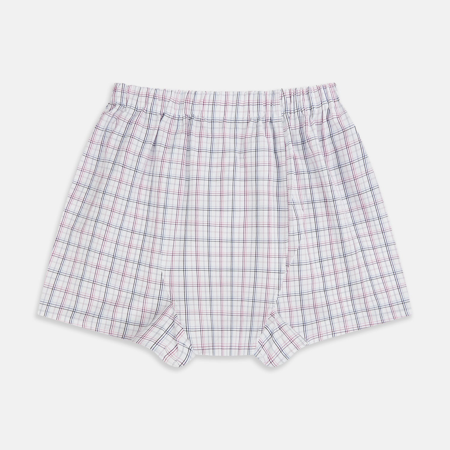 View 2 of product Turnbull & Asser’s Purple and Orange Multi Graph Check Godfrey Boxer Shorts for men feature an elastic waistband and are crafted from fine Italian cotton, shown on a plain white background.