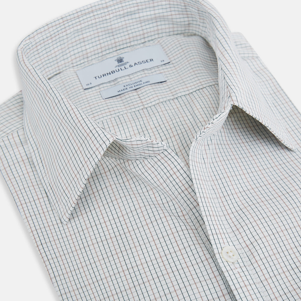 Turnbull & Asser's Forest Melange and Red Micro Check Windsor Shirt features a subtle check pattern, pointed collar, and white buttons—showcasing refined British craftsmanship.
