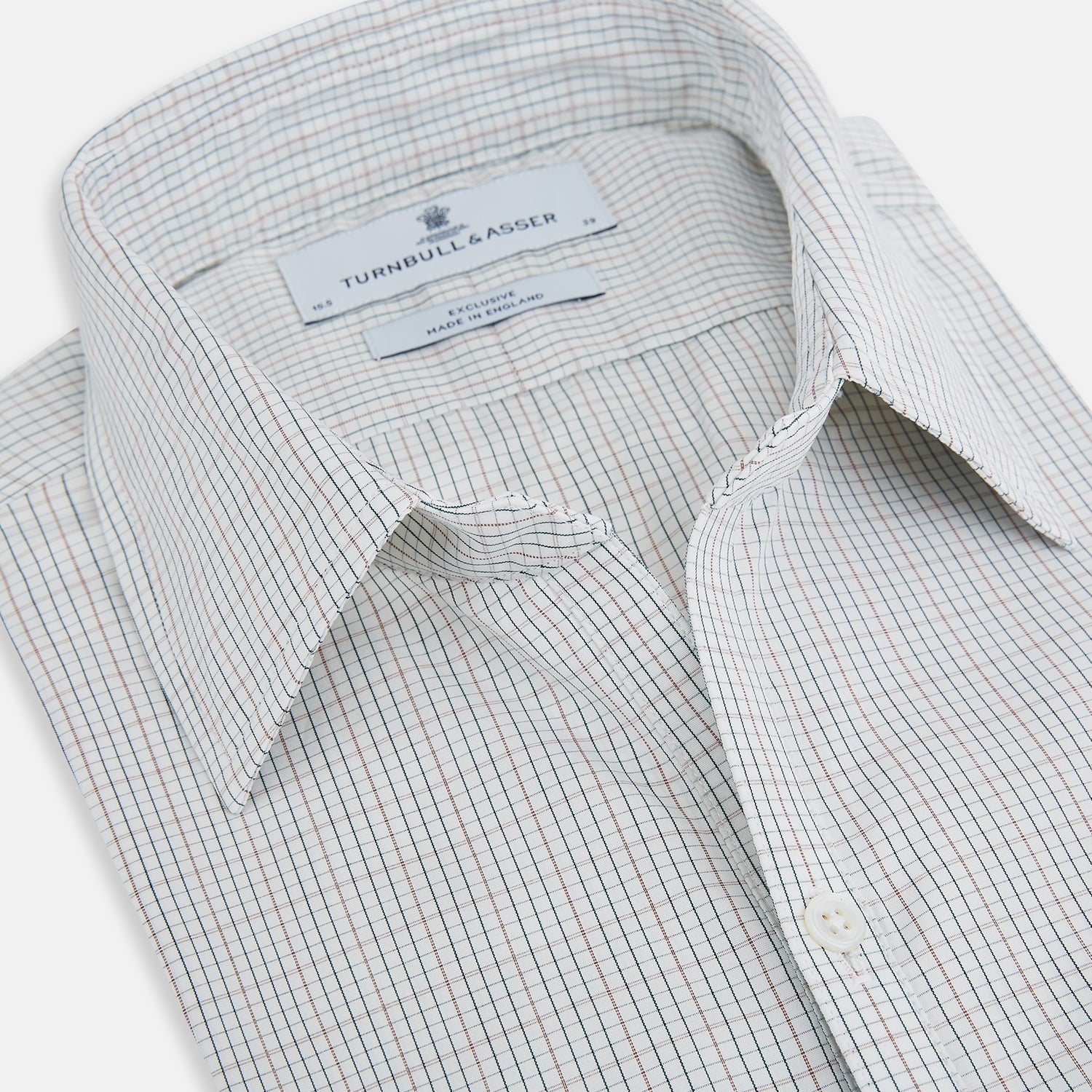 View 2 of product Turnbull & Asser's Forest Melange and Red Micro Check Windsor Shirt features a subtle check pattern, pointed collar, and white buttons—showcasing refined British craftsmanship.