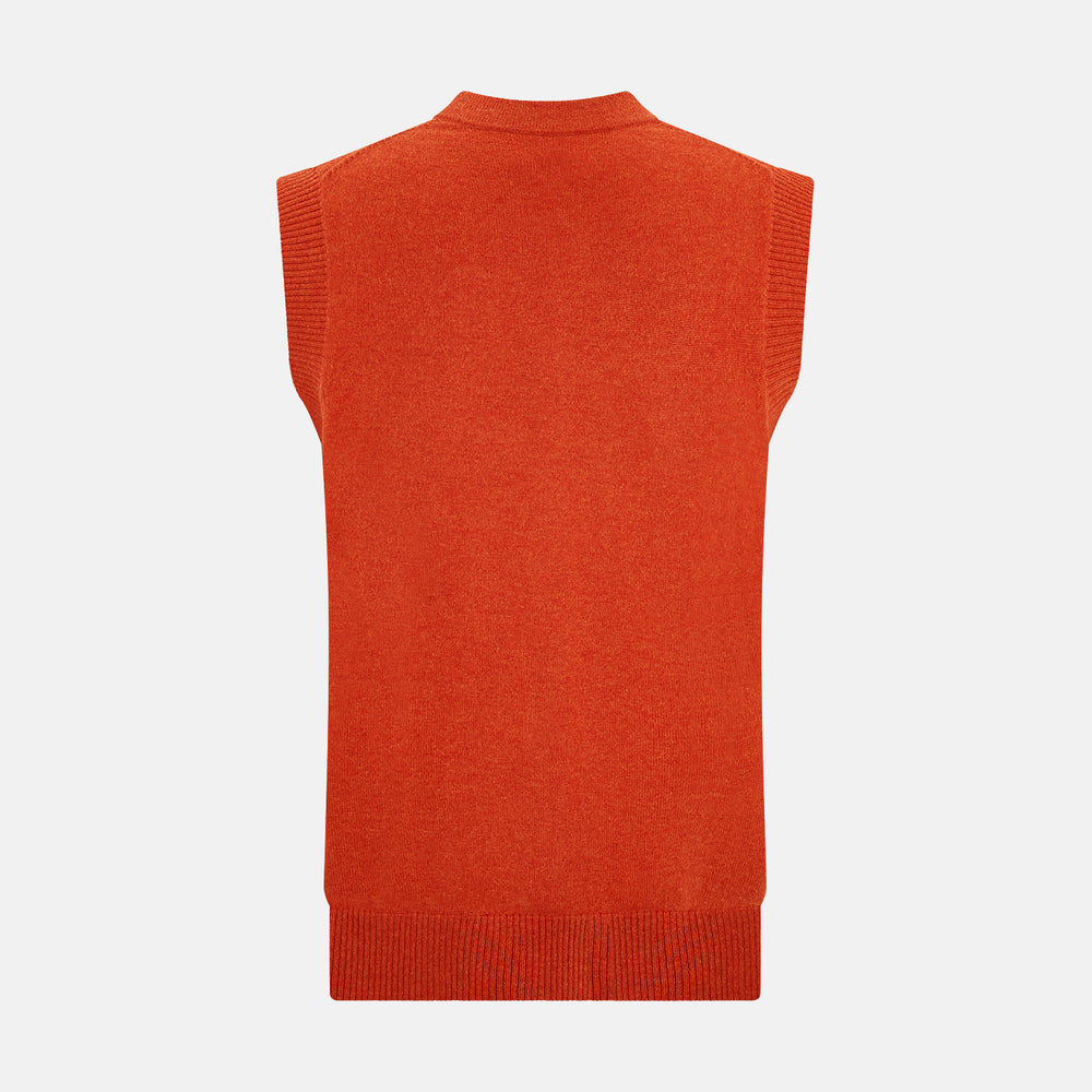 The Turnbull & Asser Red Orange Cashmere Sleeveless Cardigan features a ribbed collar, hem, and armholes, button-down front, and two front pockets—perfect as a refined light layer, shown against a white background.