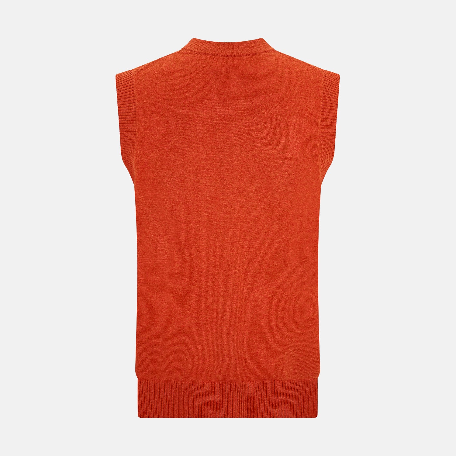 View 3 of product The Turnbull & Asser Red Orange Cashmere Sleeveless Cardigan features a ribbed collar, hem, and armholes, button-down front, and two front pockets—perfect as a refined light layer, shown against a white background.