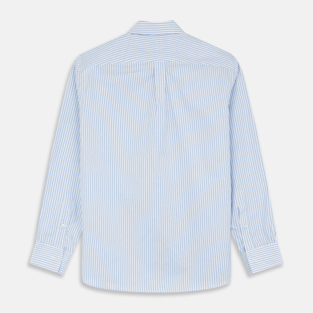 The Turnbull & Asser Pale Blue Stripe Weekend Fit Hayne Shirt features a Dorset collar, 1-button cuffs, and vertical stripes, shown laid flat against a white background.