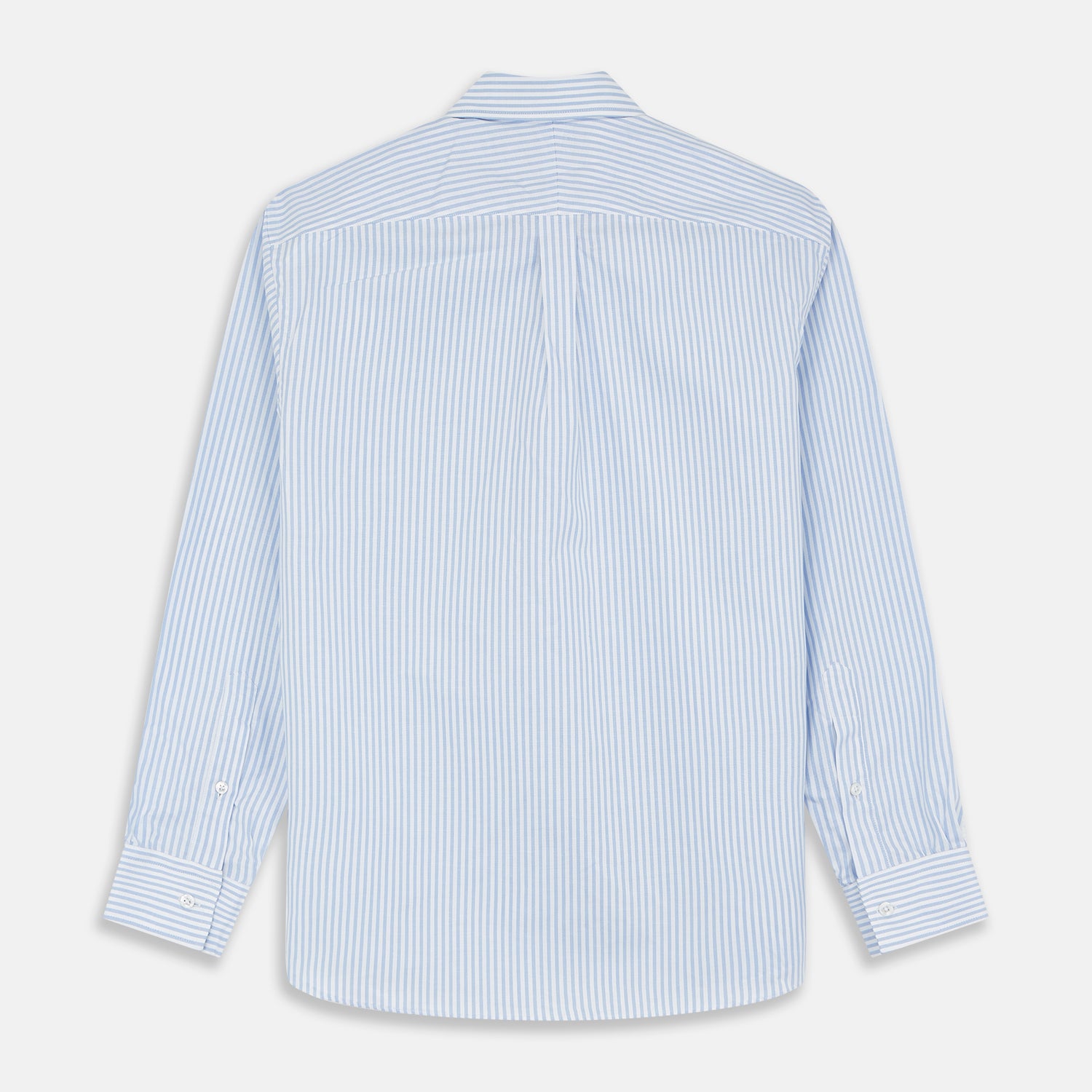 View 3 of product The Turnbull & Asser Pale Blue Stripe Weekend Fit Hayne Shirt features a Dorset collar, 1-button cuffs, and vertical stripes, shown laid flat against a white background.