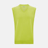 View 1 of product The Turnbull & Asser Lemon Green Cashmere V-Neck Vest boasts a modern knit design with a ribbed hem, shown on a plain white background—an ideal statement piece for gentlemen’s fashion.
