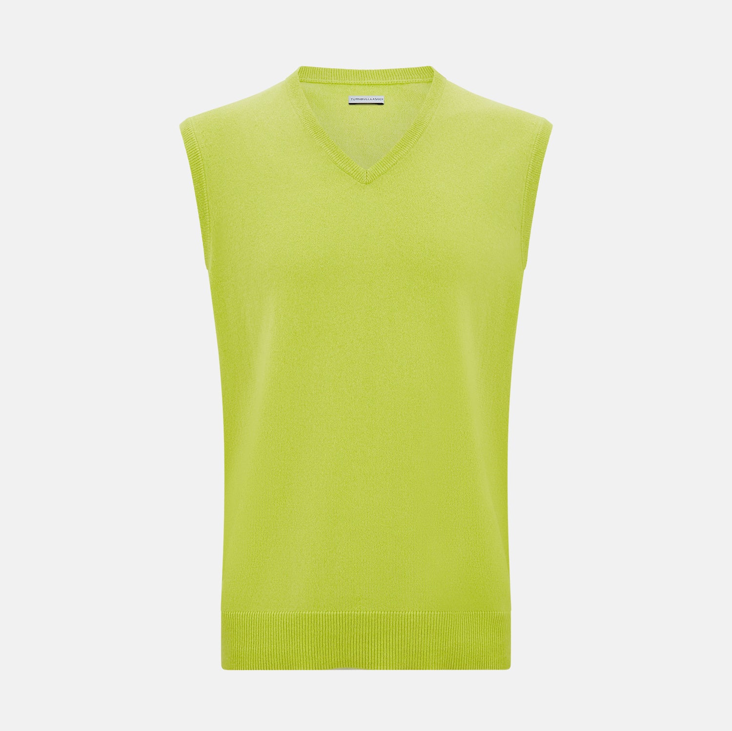 View 1 of product The Turnbull & Asser Lemon Green Cashmere V-Neck Vest boasts a modern knit design with a ribbed hem, shown on a plain white background—an ideal statement piece for gentlemen’s fashion.