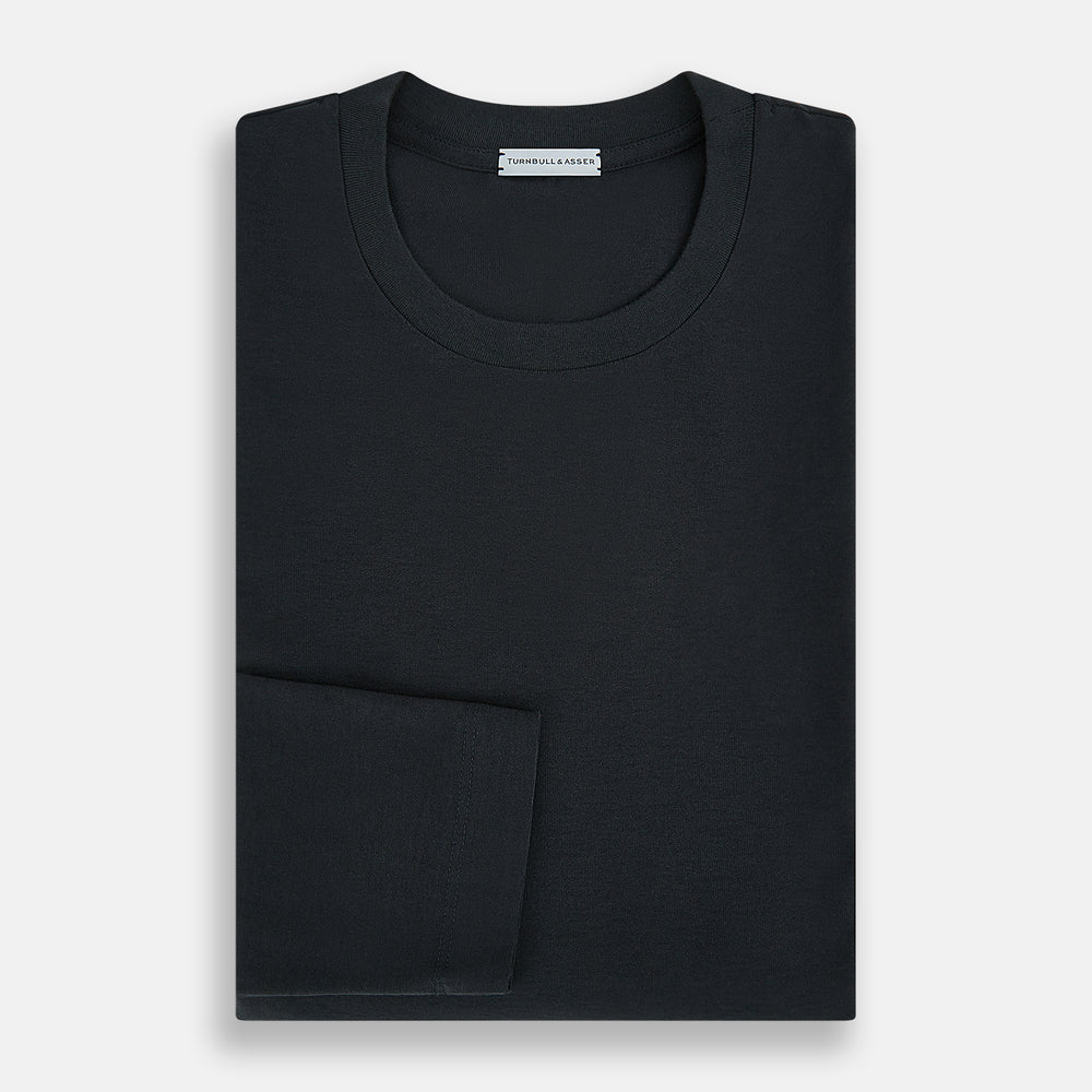 The Turnbull & Asser Charcoal Long-Sleeve T-shirt, featuring a classic crew neck, is displayed flat on a white background, showcasing its versatile style for men's fashion.