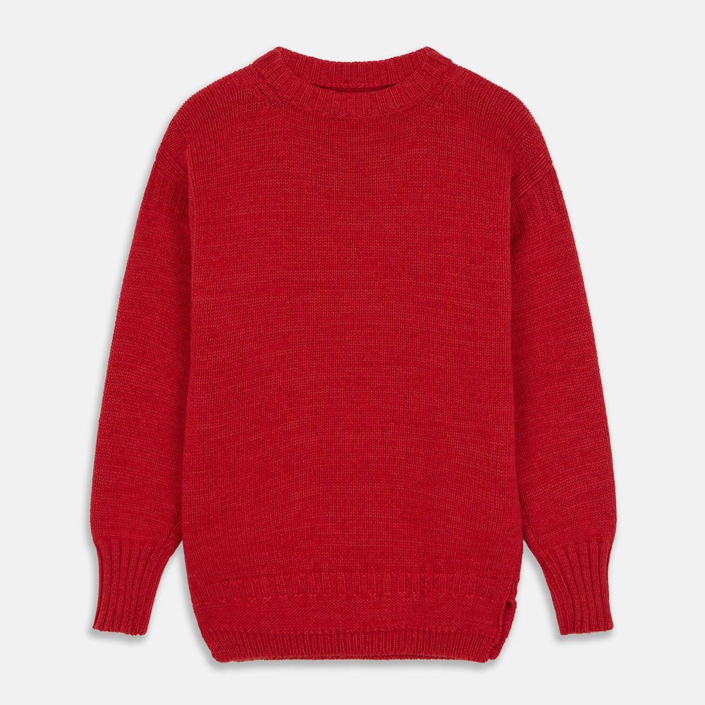 The Red Lewis Guernsey Knitted Jumper by Turnbull & Asser is a bright red wool-cotton, long-sleeve jumper with a round neckline, ribbed cuffs, and ribbed hem, shown against a white background.