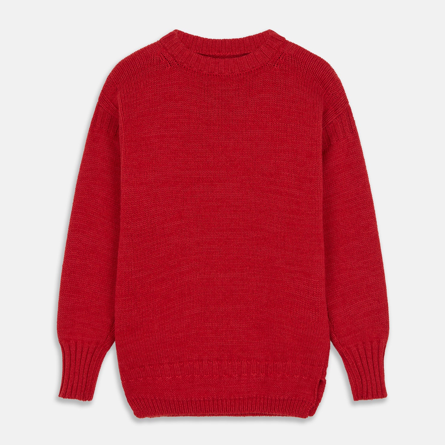 View 1 of product The Red Lewis Guernsey Knitted Jumper by Turnbull & Asser is a bright red wool-cotton, long-sleeve jumper with a round neckline, ribbed cuffs, and ribbed hem, shown against a white background.