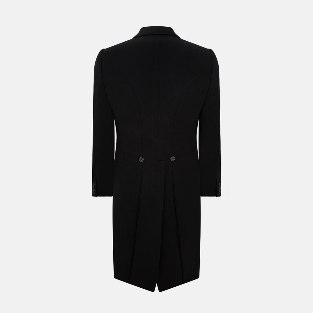 The Turnbull & Asser Black Morning Coat features satin peak lapels, a single front button closure, and long sleeves, shown against a plain white background.