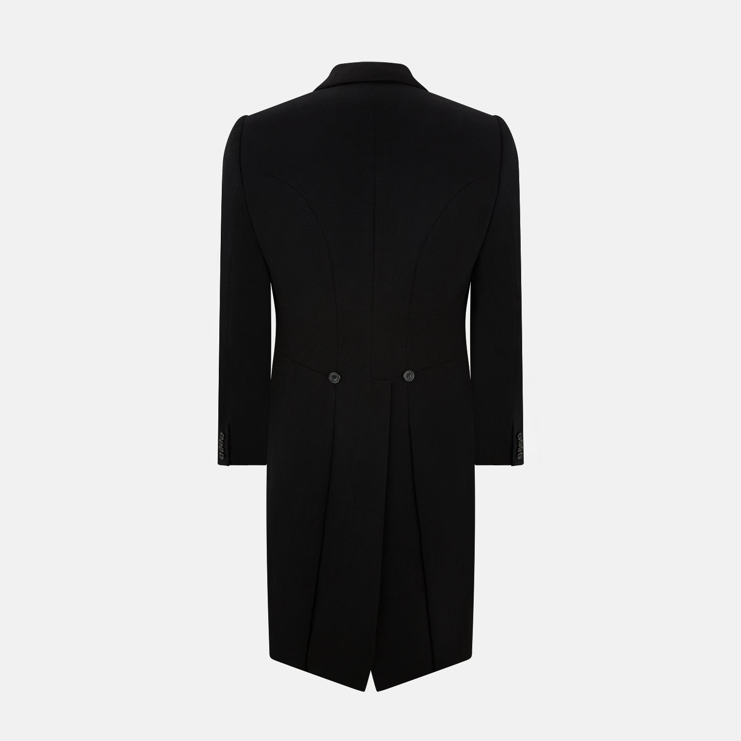View 3 of product The Turnbull & Asser Black Morning Coat features satin peak lapels, a single front button closure, and long sleeves, shown against a plain white background.