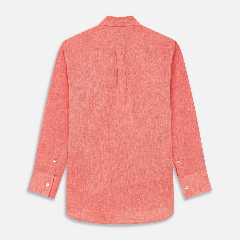 The Turnbull & Asser Pink Linen Weekend Fit Hayne Shirt is a casual, long-sleeve button-down with a subtle texture and white buttons, neatly laid flat on a white background.