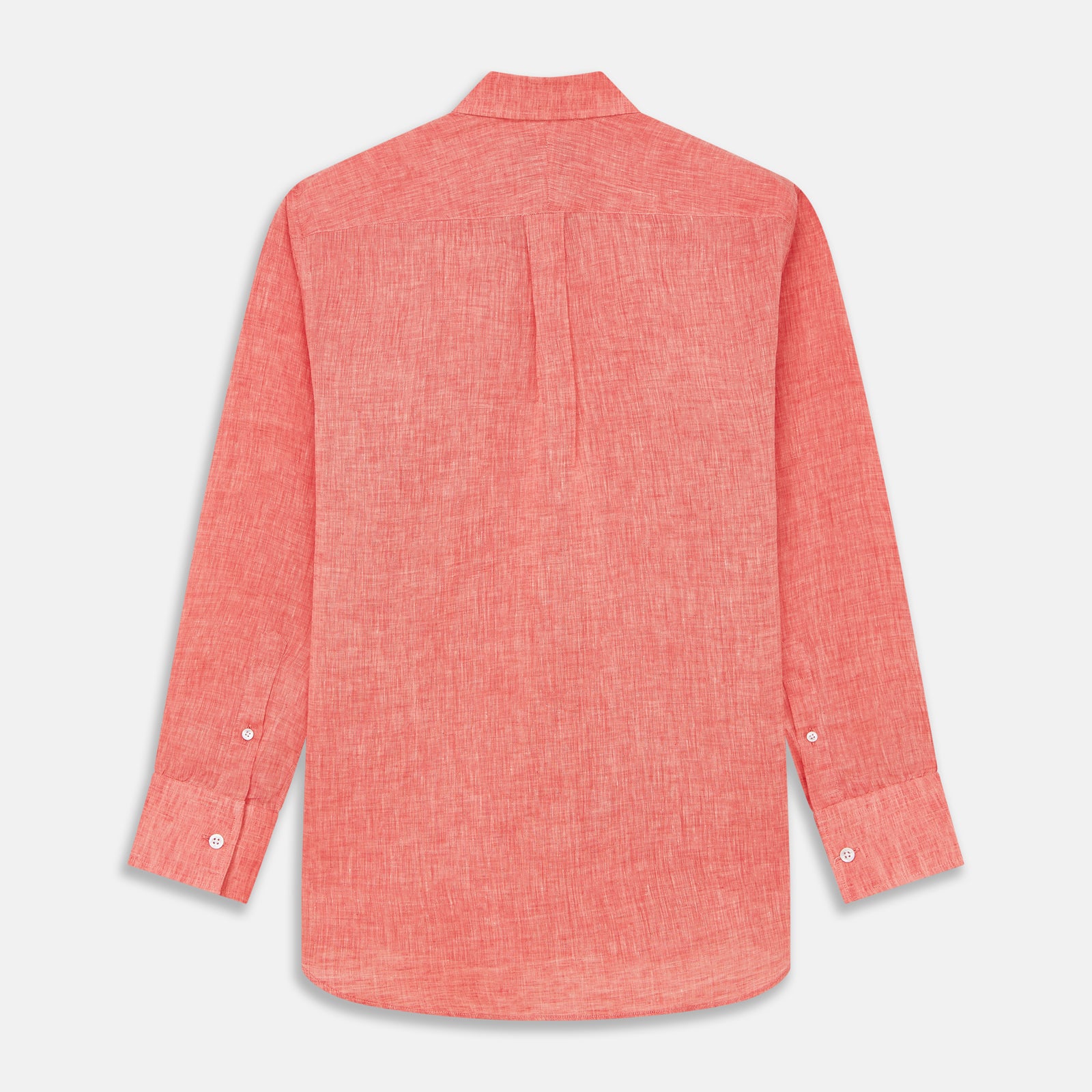 View 5 of product The Turnbull & Asser Pink Linen Weekend Fit Hayne Shirt is a casual, long-sleeve button-down with a subtle texture and white buttons, neatly laid flat on a white background.