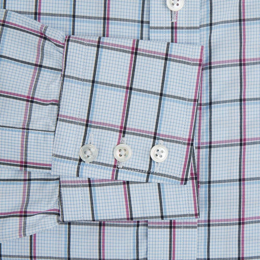 The Turnbull & Asser Blue and Pink Tattersall Check Mayfair Shirt features a classic tattersall pattern with a T&A collar and cuffed sleeves.