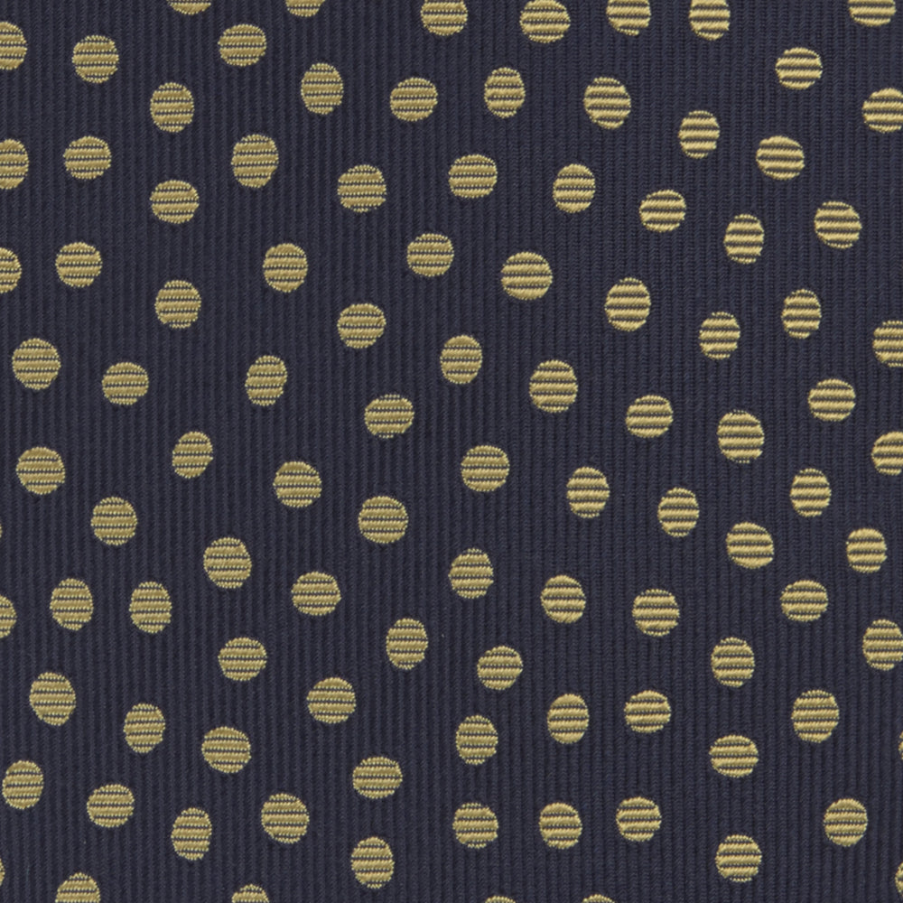 The Turnbull & Asser Navy and Gold Paint Spot Silk Tie features evenly spaced gold spots on classic navy silk, rolled and displayed on a plain white background—ideal for complementing your favorite office shirt.