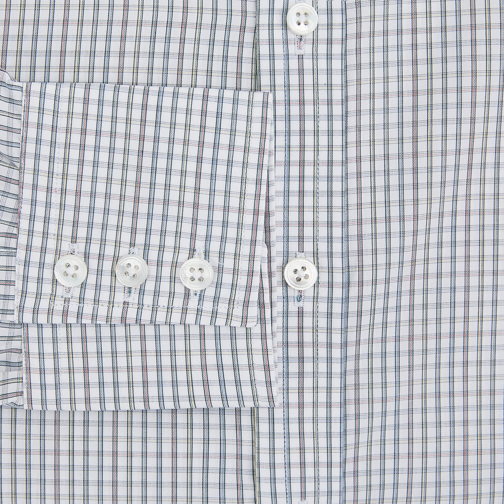 The Turnbull & Asser Forest Green with Multi-Hued Graph Check Mayfair Shirt is a long-sleeve button-up with a classic collar and buttoned cuffs, featuring fine British craftsmanship, shown flat on a white background.