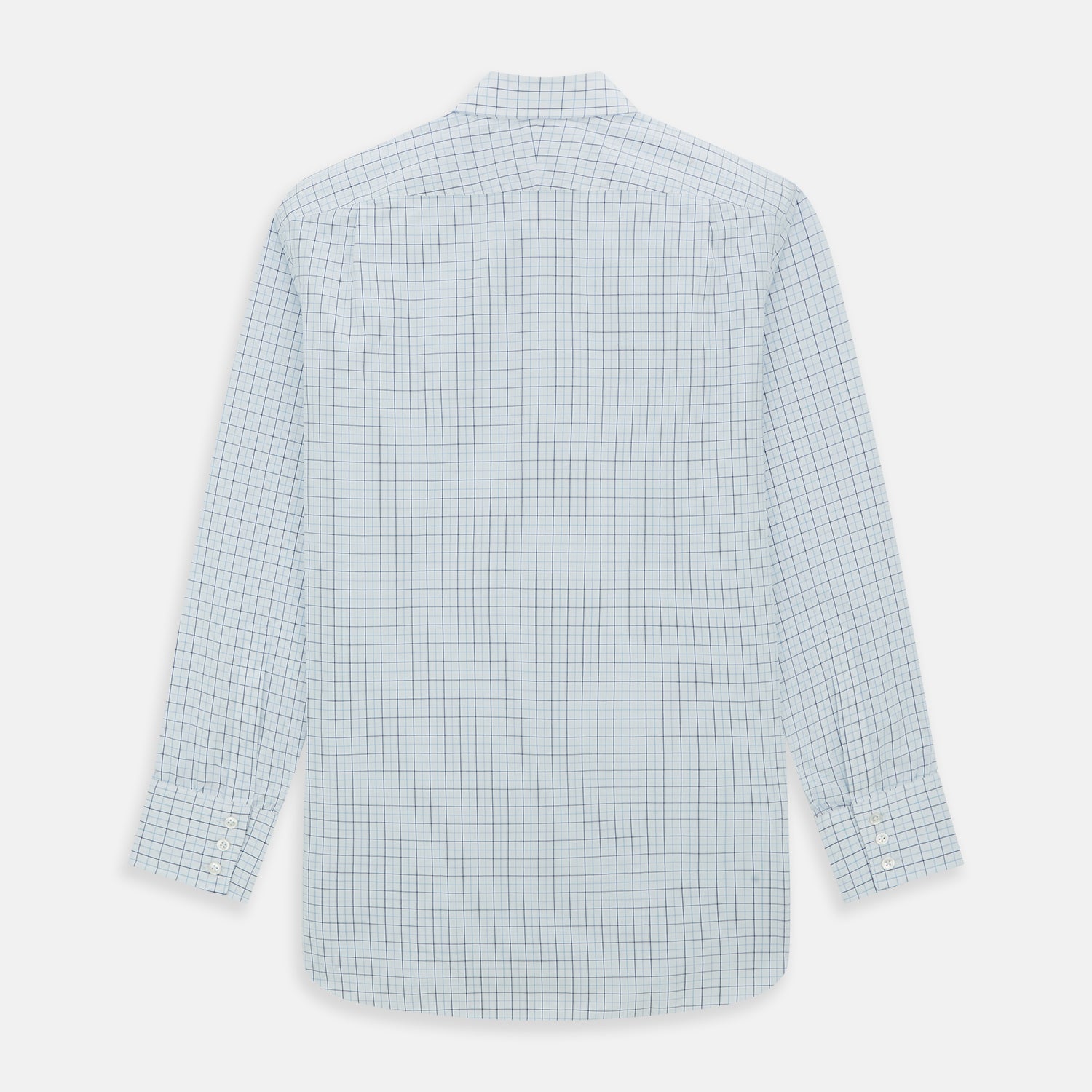 View 3 of product The Blue Overlay Grid Check Mayfair Shirt by Turnbull & Asser features a light blue and white grid check pattern with long sleeves and button-up design, making it a versatile wardrobe staple. Displayed on a plain white background.