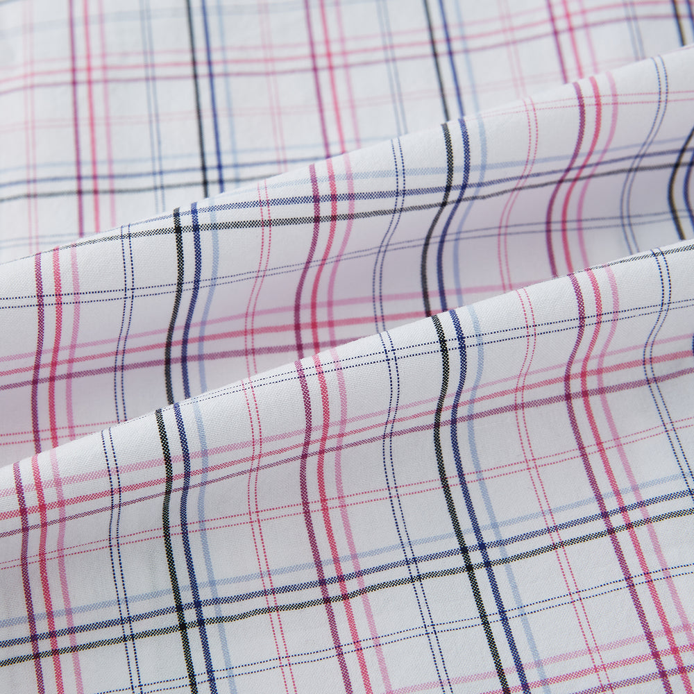 The Purple and Blue Multi Check Westminster Shirt by Turnbull & Asser features a refined plaid pattern, long sleeves, and button-up design—displayed flat to showcase hallmark British craftsmanship.