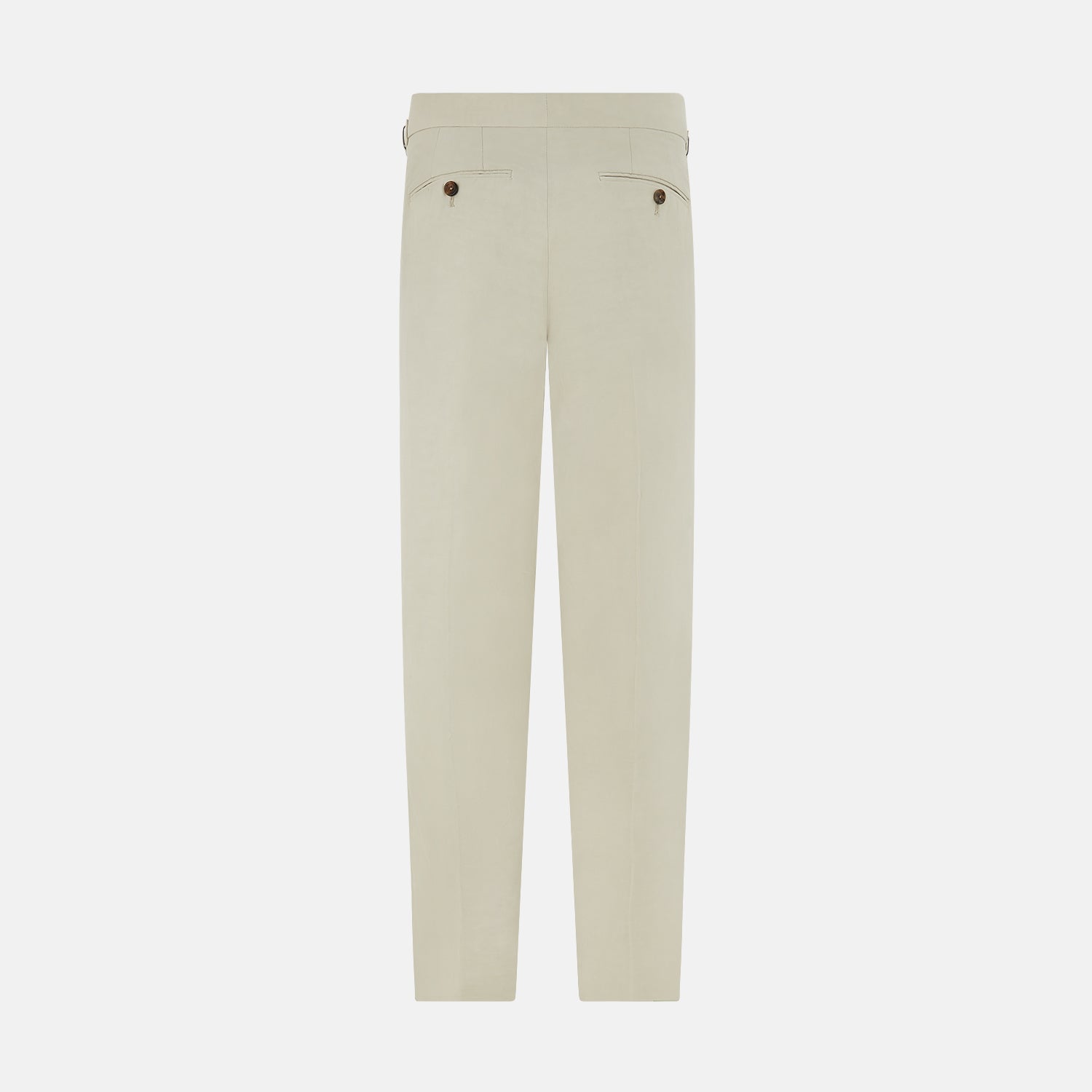View 3 of product Turnbull & Asser Taupe Cotton Blend Henry Trousers with a straight-leg formal cut, button and zipper closure, belt loops, and side pockets, shown against a plain white background.