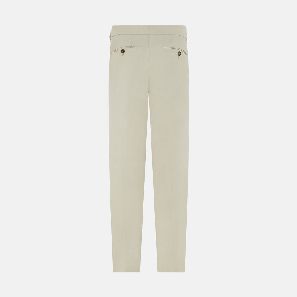 Turnbull & Asser Taupe Cotton Blend Henry Trousers with a straight-leg formal cut, button and zipper closure, belt loops, and side pockets, shown against a plain white background.
