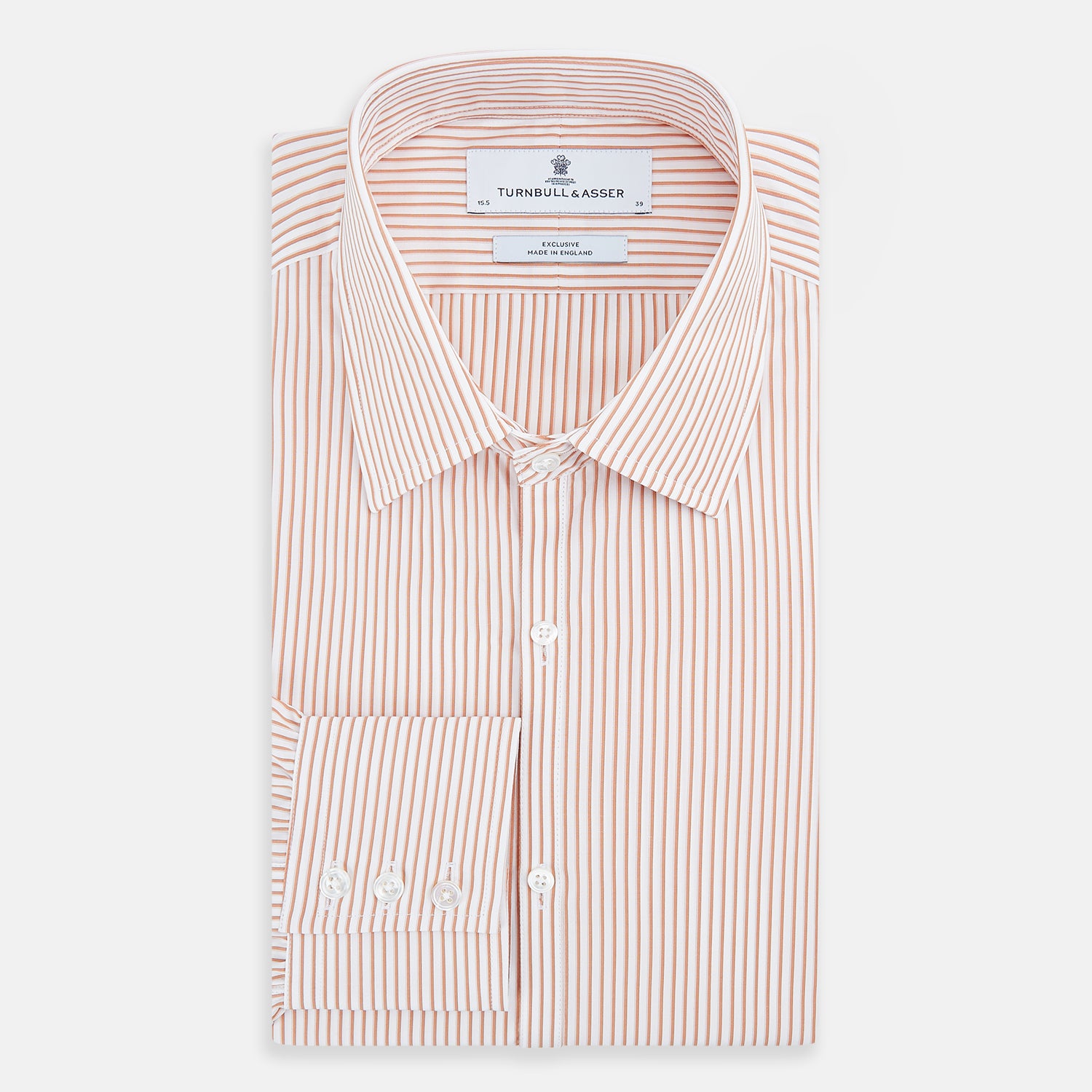 View 5 of product The Orange Multi Stripe Westminster Shirt by Turnbull & Asser features thin vertical orange and white stripes, a Turnbull collar, and long sleeves, elegantly displayed flat against a white background.