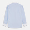 View 5 of product The Turnbull & Asser Micro Blue Check with White Collar and Cuff Shirt, a light blue long-sleeve style, features contrasting white collar and cuffs, buttoned down the front and laid flat on a white background.