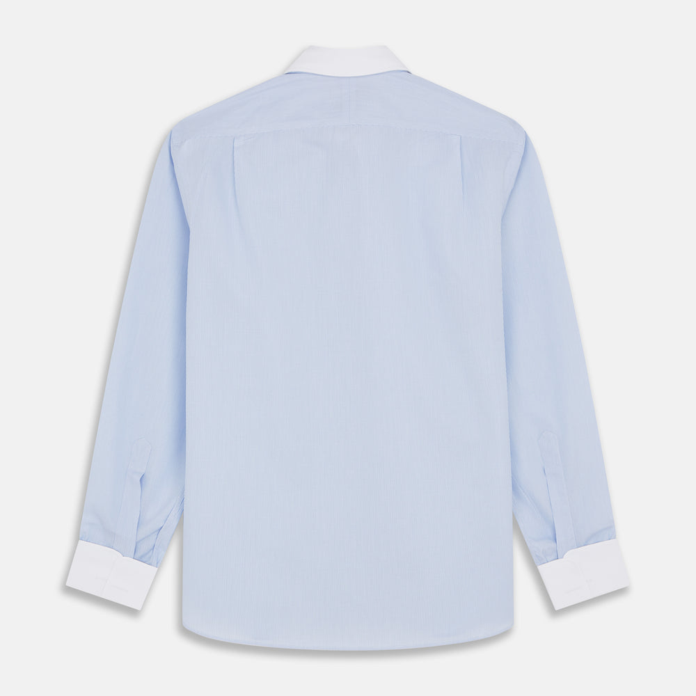 The Turnbull & Asser Micro Blue Check with White Collar and Cuff Shirt, a light blue long-sleeve style, features contrasting white collar and cuffs, buttoned down the front and laid flat on a white background.