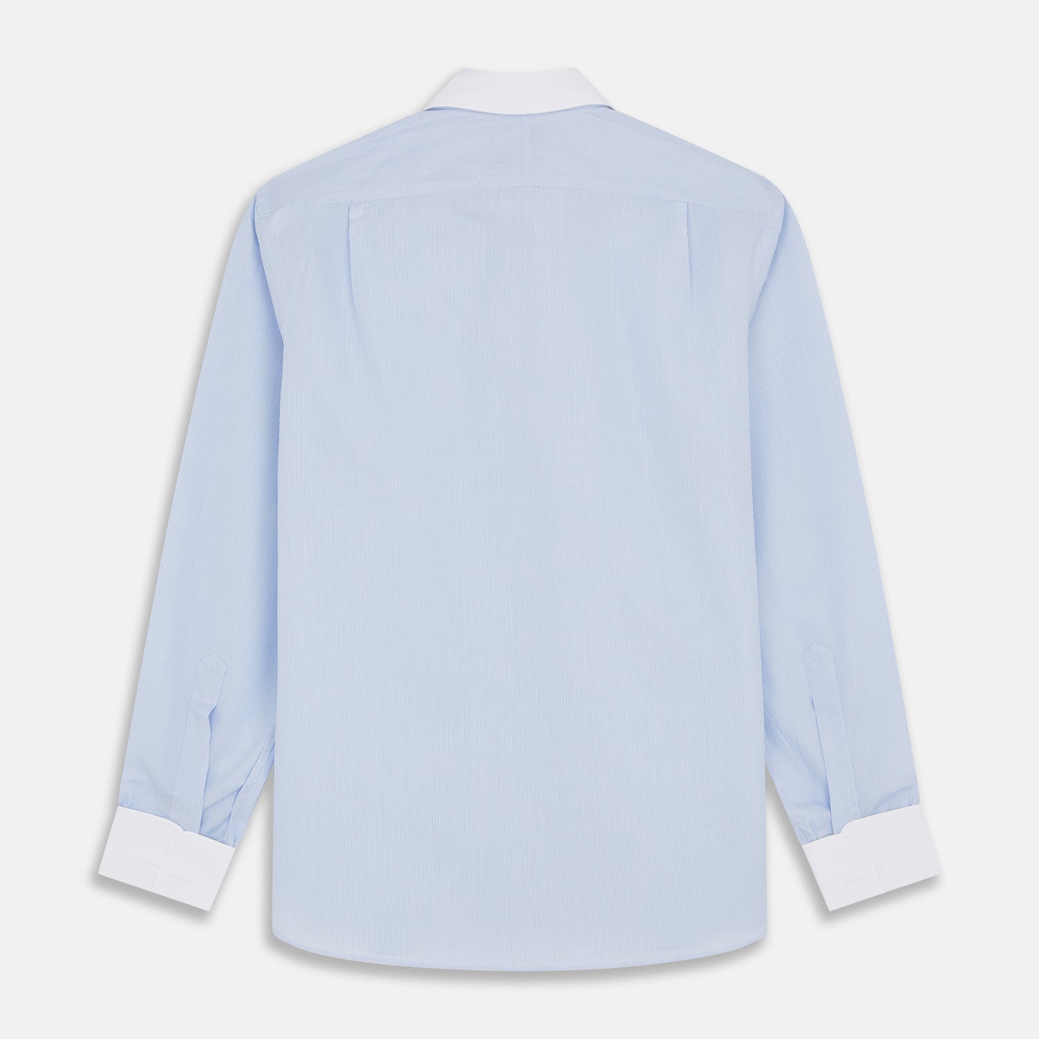 View 5 of product The Turnbull & Asser Micro Blue Check with White Collar and Cuff Shirt, a light blue long-sleeve style, features contrasting white collar and cuffs, buttoned down the front and laid flat on a white background.