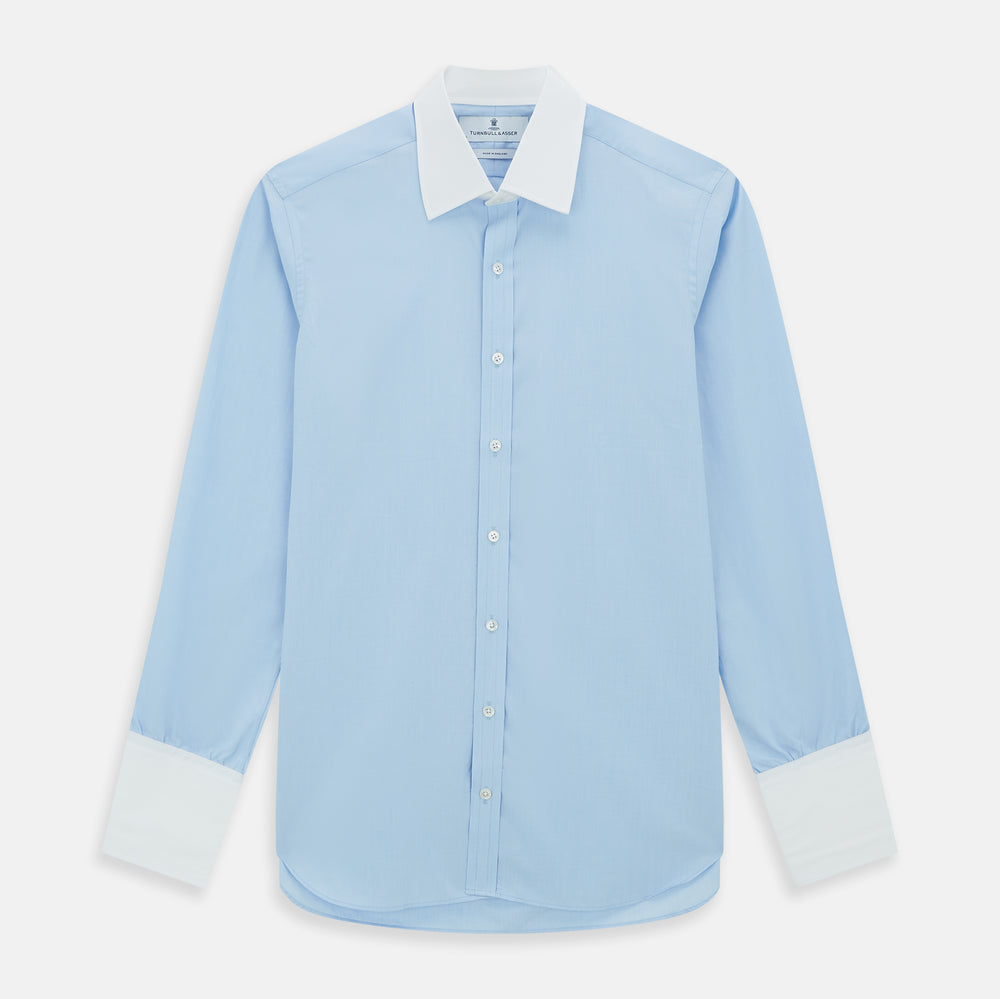 The Turnbull & Asser Light Blue End-on-End Shirt features a crisp white T&A contrast collar and double cuffs, shown flat on a white background.