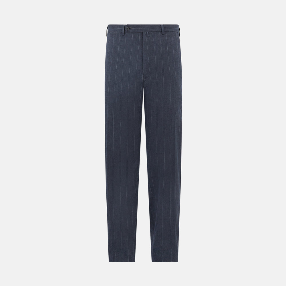 The Navy Striped Edmund trousers by Turnbull & Asser have a relaxed, straight-leg fit with front pleats, belt loops, and a single button waist closure, shown against a plain white background.