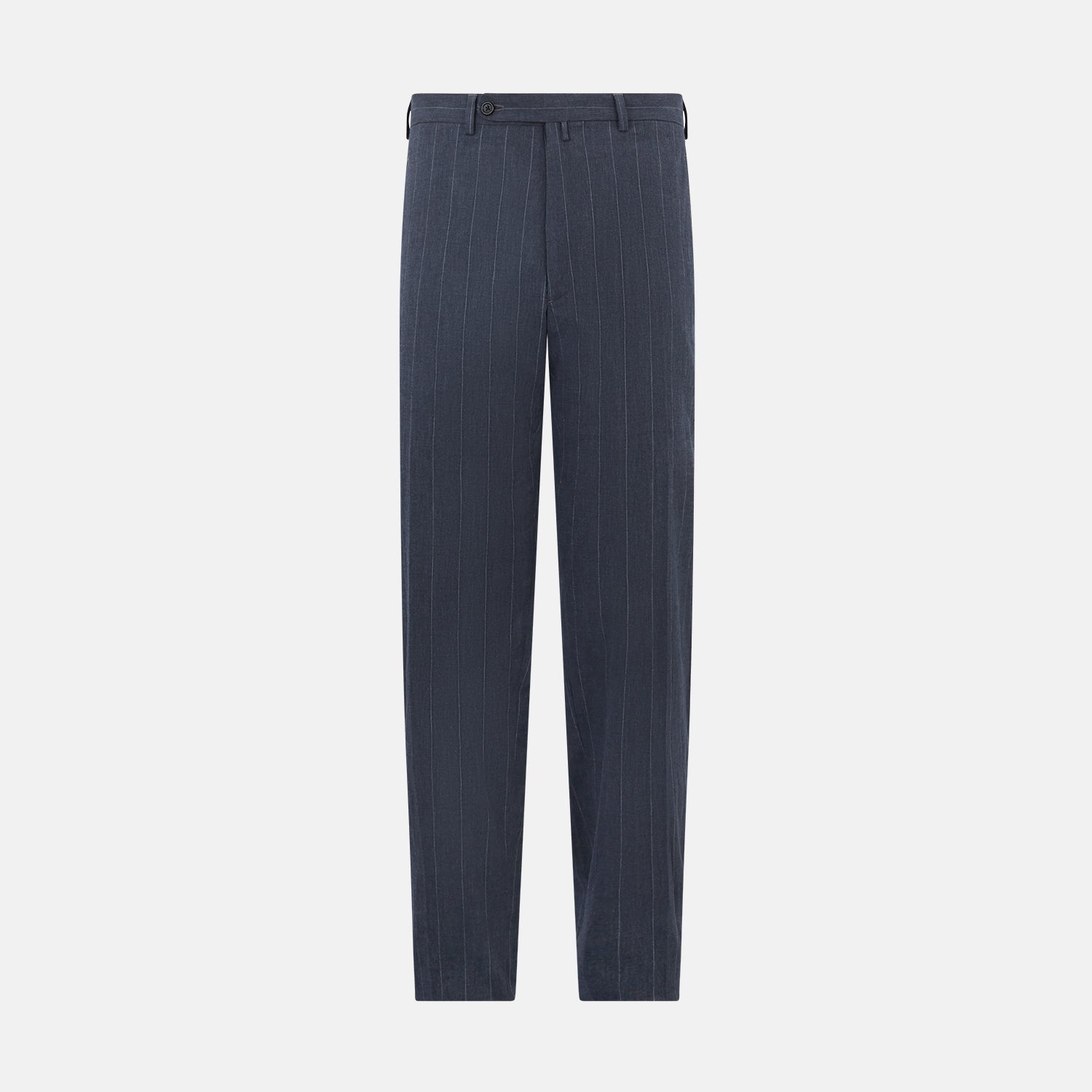 View 1 of product The Navy Striped Edmund trousers by Turnbull & Asser have a relaxed, straight-leg fit with front pleats, belt loops, and a single button waist closure, shown against a plain white background.