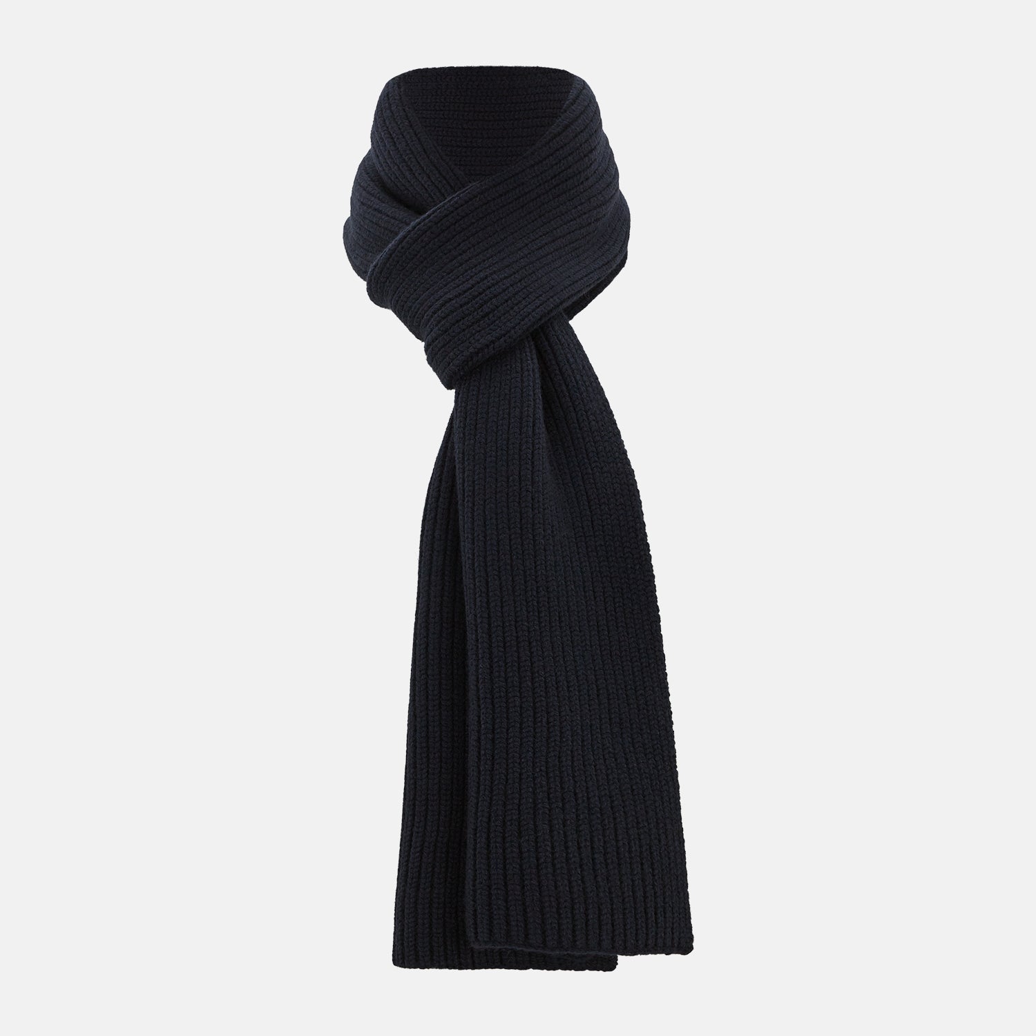 View 1 of product The Navy Rib-Knit Cashmere Scarf by Turnbull & Asser is neatly folded and looped in a simple knot against a white background, highlighting its refined luxury appeal.