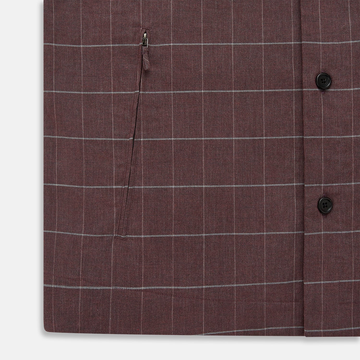 View 7 of product The Turnbull & Asser Burgundy Check Hampstead Overshirt, featuring a button-up front, collar, white windowpane pattern, and two front pockets, is laid flat on a white background—perfect for elegant formal wear.