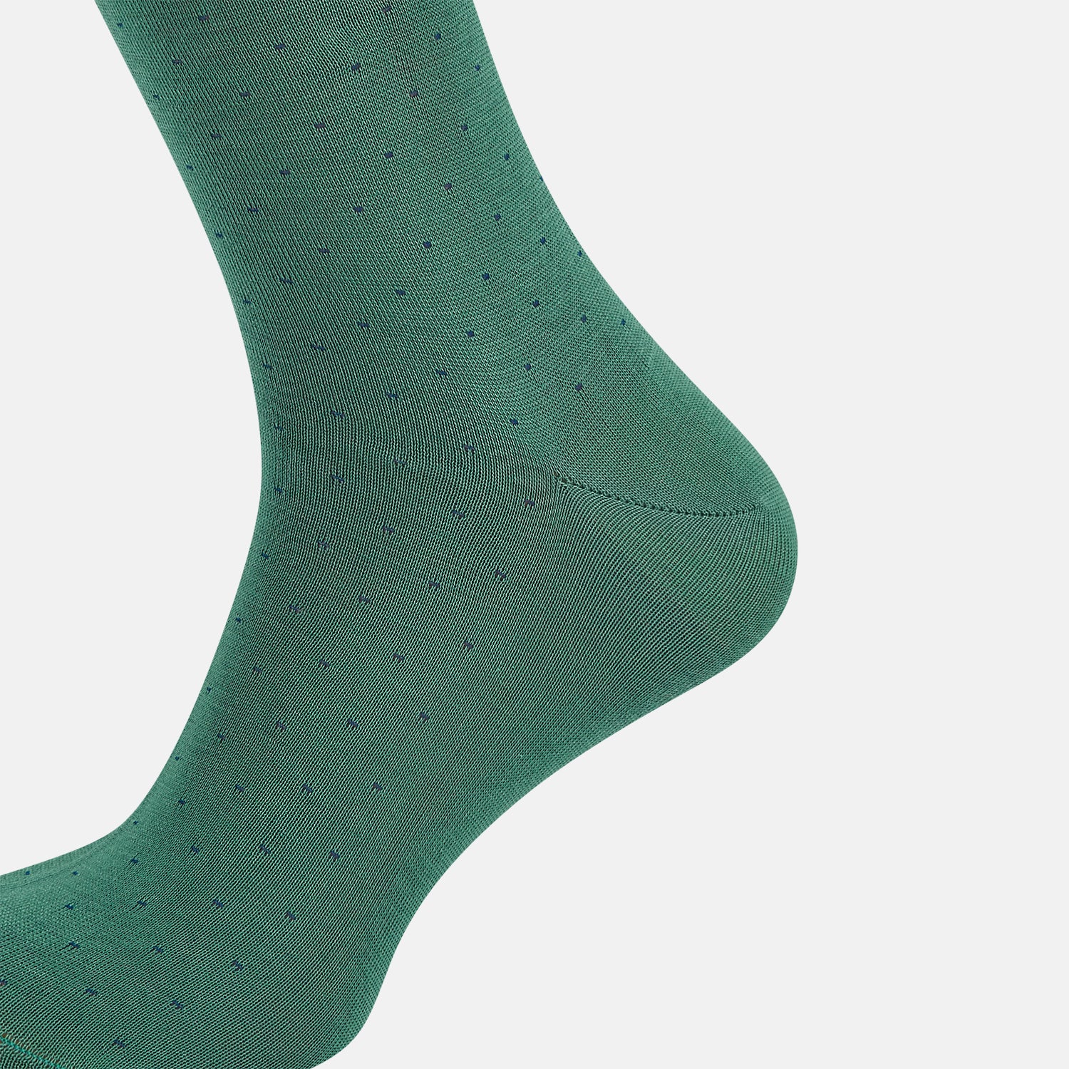 View 4 of product Turnbull & Asser's Forest Green/Navy Polka Dot Long Sock, made from mercerised Egyptian cotton, features a subtle dotted pattern and is shown against a plain white background.