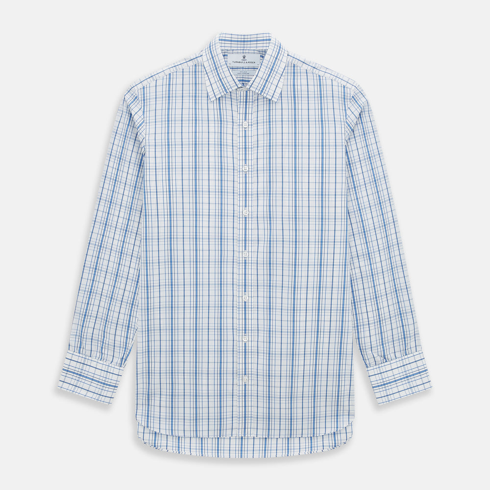 The Turnbull & Asser Blue Plaid Check Mayfair Shirt is a long-sleeve, button-down shirt with a T&A collar and blue and white plaid pattern, shown on a white background.