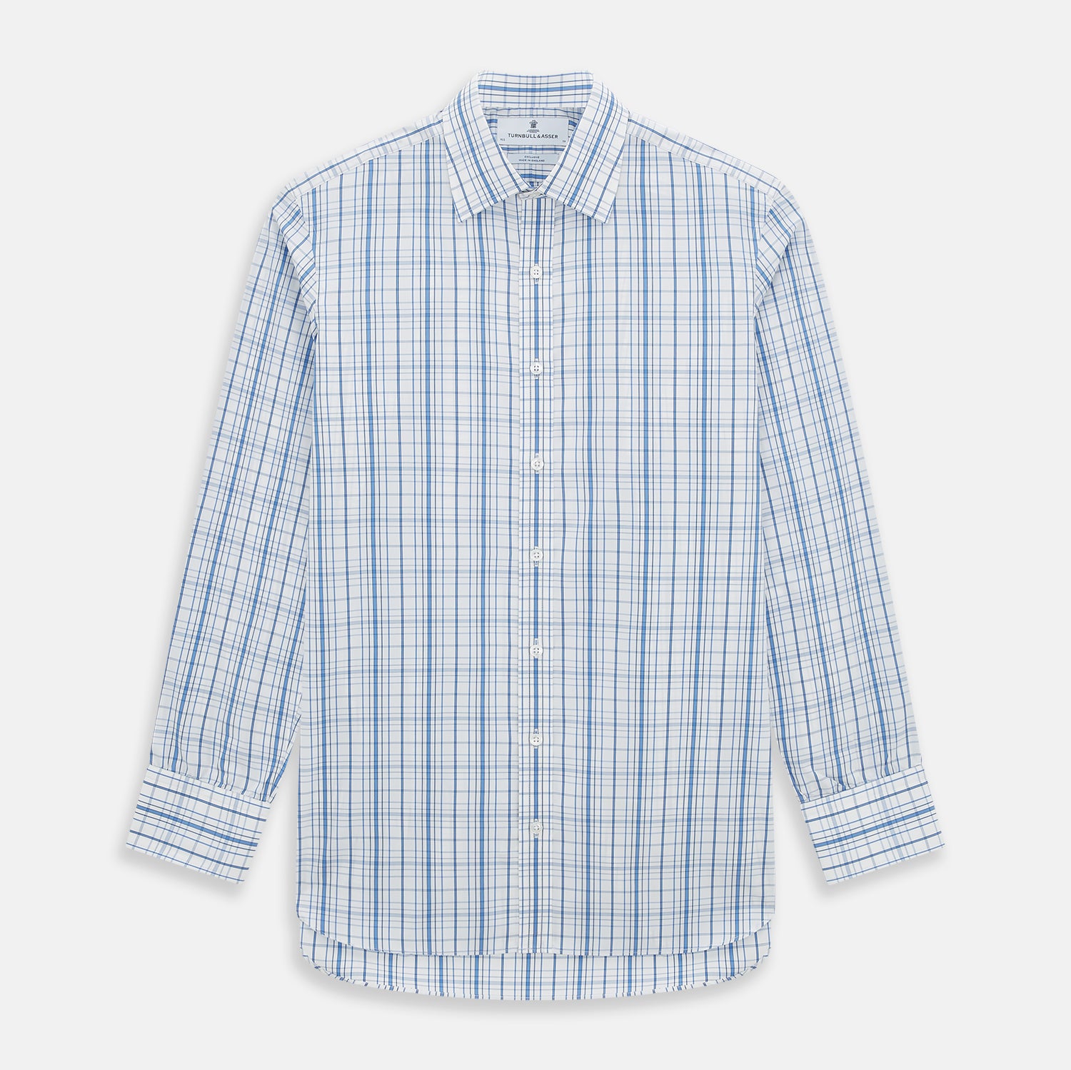 View 1 of product The Turnbull & Asser Blue Plaid Check Mayfair Shirt is a long-sleeve, button-down shirt with a T&A collar and blue and white plaid pattern, shown on a white background.