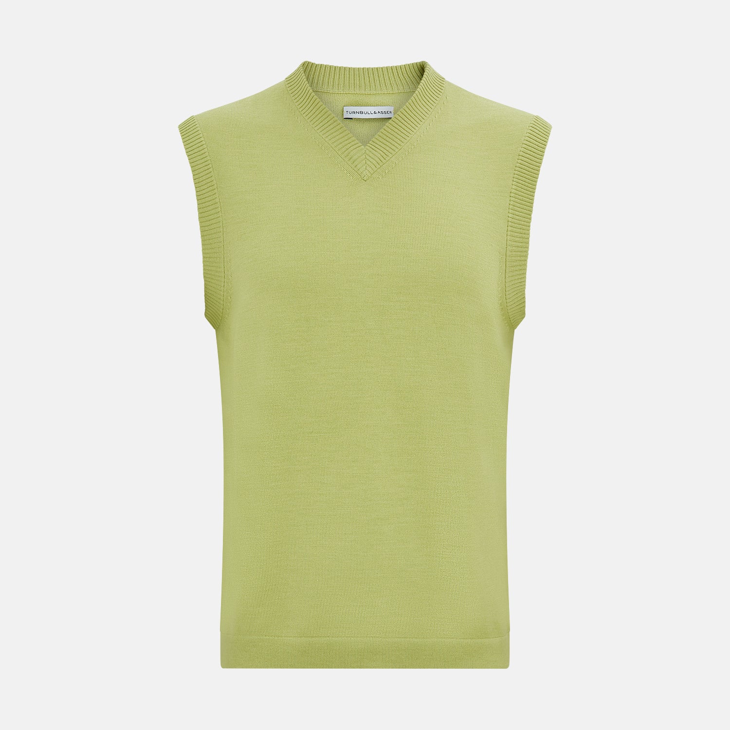 View 1 of product The Turnbull & Asser Melon Green Fine Merino V-Neck Vest, sleeveless with ribbed edges, is shown on a white background—ideal for layering or wearing alone as an elegant gentleman's piece.