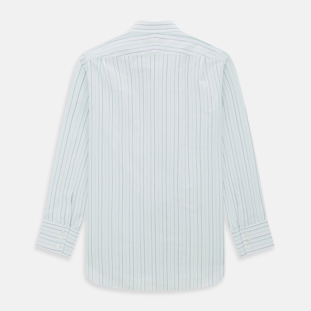 A Green Wide Pinstripe Mayfair Shirt by Turnbull & Asser, featuring long sleeves, a button-up front, and a T&A collar, is shown flat on a white background.