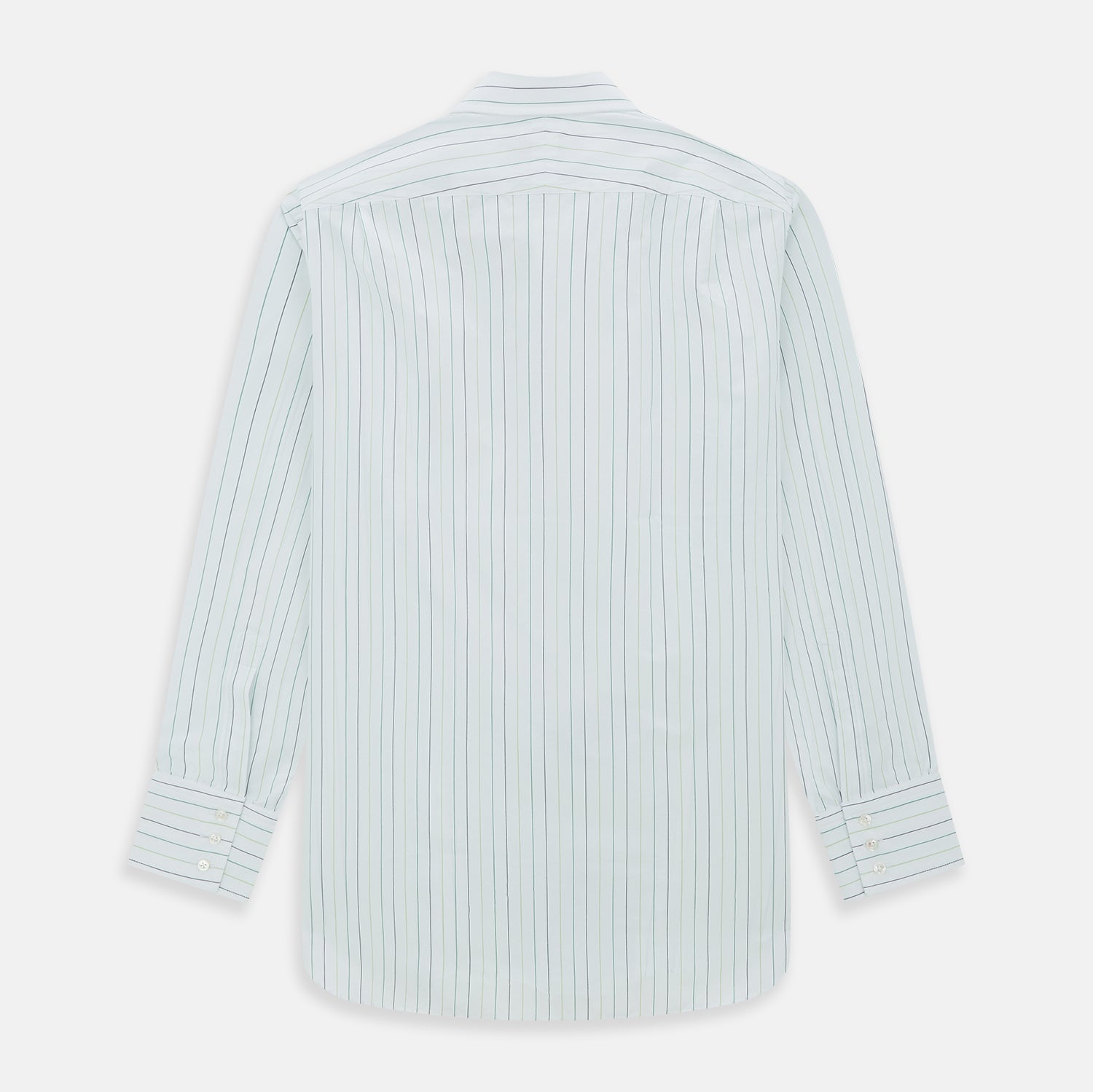 View 3 of product A Green Wide Pinstripe Mayfair Shirt by Turnbull & Asser, featuring long sleeves, a button-up front, and a T&A collar, is shown flat on a white background.